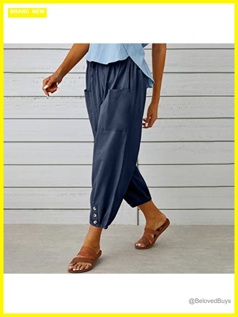 High Waisted Wide Leg Linen Capri Pants with Pockets Casual Summer - Picture 5 of 5